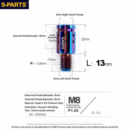 S-PARTS TC4 Titanium M8 to M8 Mirror Adapter Bolt | RH & LH Thread for Motorcycle / E-Bike