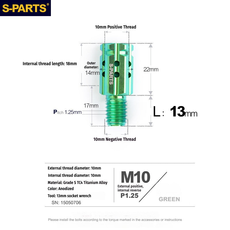 S-PARTS M10 to M10 Titanium Forward & Reverse Thread Motorcycle Mirror Adapter Bolt Upgrade