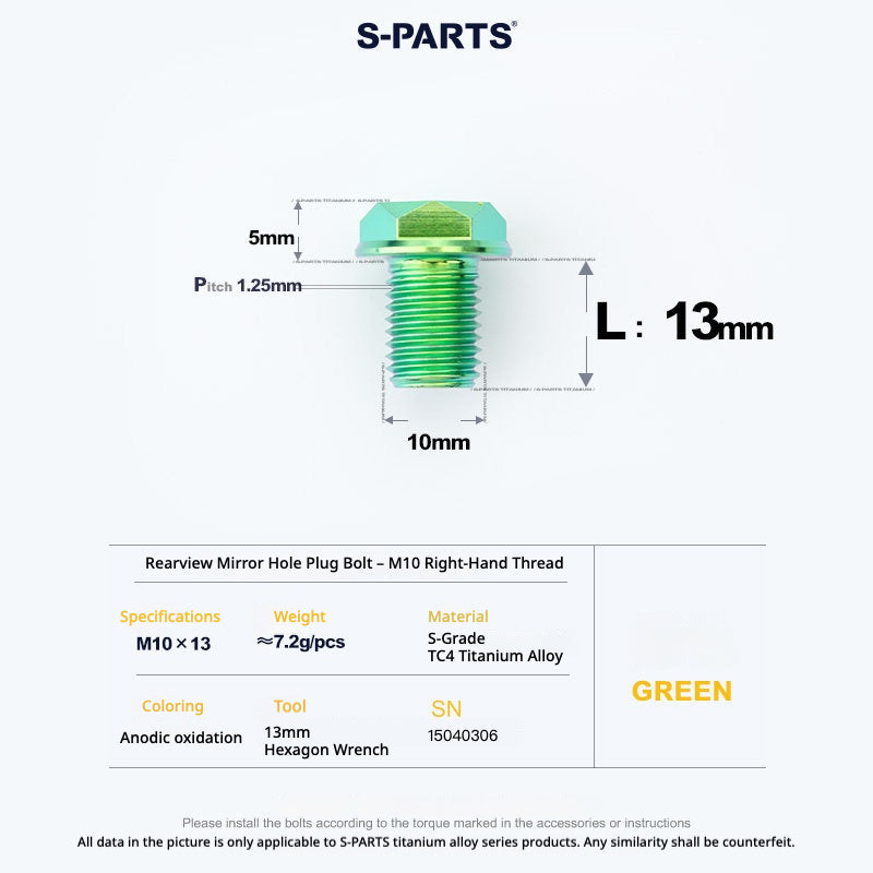 S-PARTS TC4 Titanium Mirror Plug Bolt M8 M10 RH/LH for Motorcycle