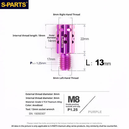 S-PARTS TC4 Titanium M8 to M8 Mirror Adapter Bolt | RH & LH Thread for Motorcycle / E-Bike