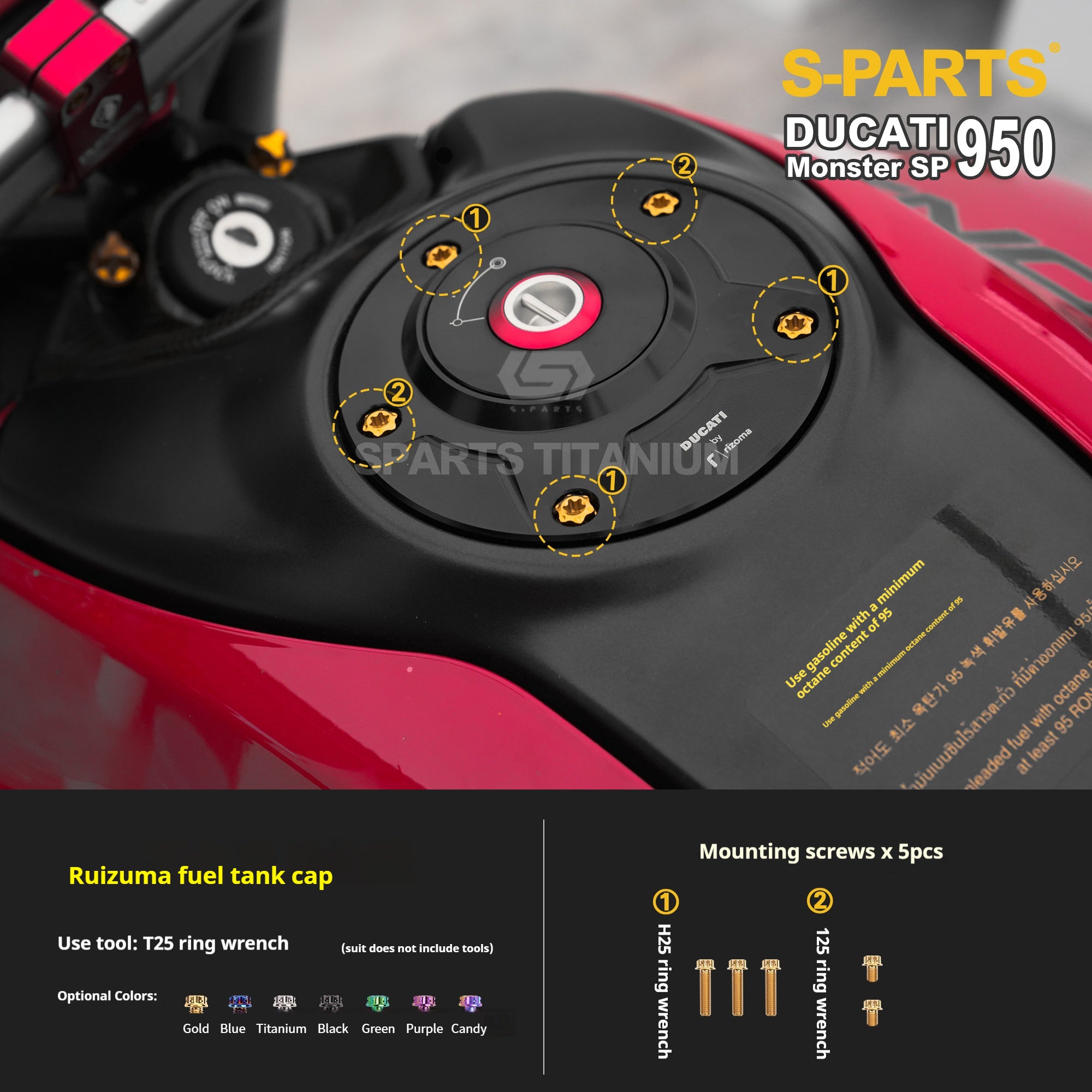 SPARTS Titanium Bolt Kit for Ducati New Monster SP 950 – Custom Candy Color & CNC Titanium Upgrade Kit