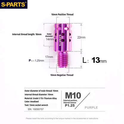 S-PARTS M10 to M10 Titanium Forward & Reverse Thread Motorcycle Mirror Adapter Bolt Upgrade