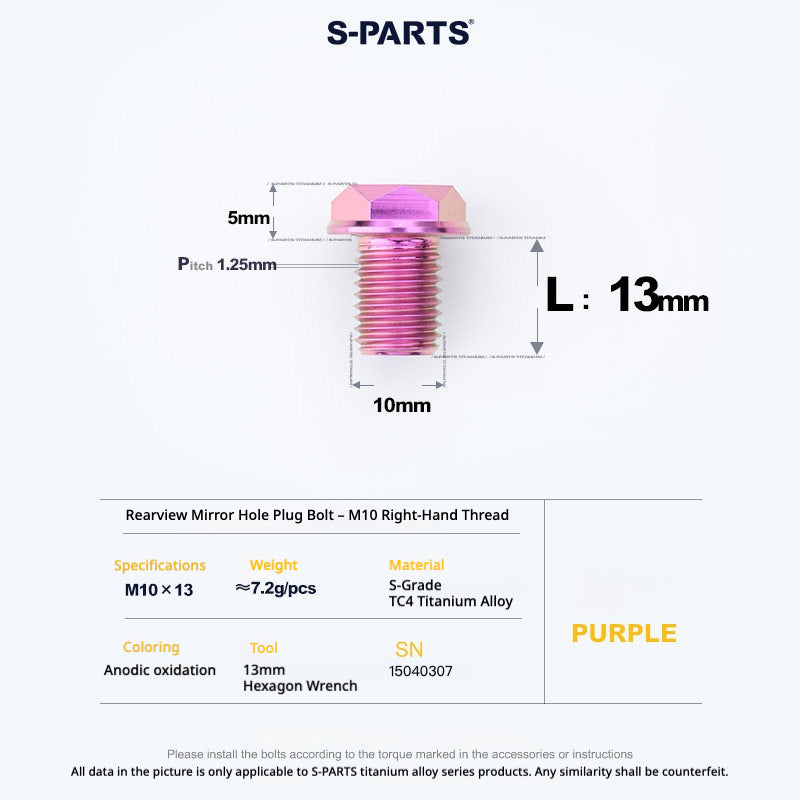 S-PARTS TC4 Titanium Mirror Plug Bolt M8 M10 RH/LH for Motorcycle