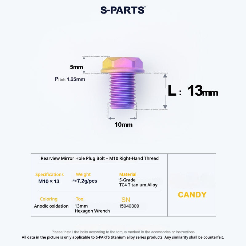 S-PARTS TC4 Titanium Mirror Plug Bolt M8 M10 RH/LH for Motorcycle