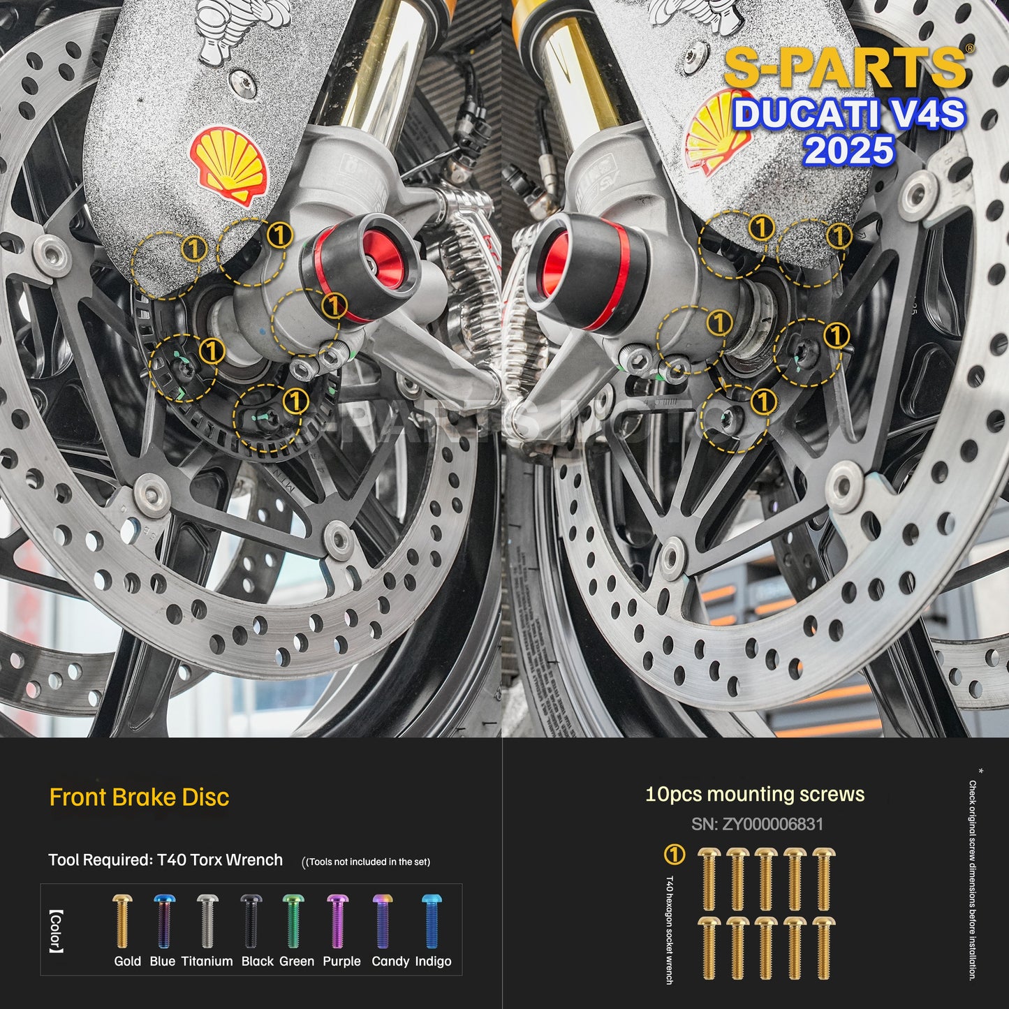S-PARTS Titanium Brake/Wheel and Suspension Fastener Kit for Ducati Panigale V4S 2025