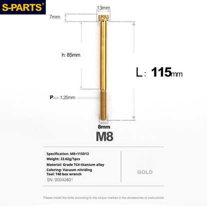 SPARTS A3 Series Golden Titanium Screws M8 L10–120mm for Motorcycle, Bicycle & Car