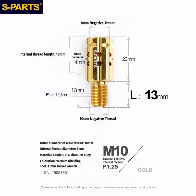 S-PARTS M10 to M10 Titanium Forward & Reverse Thread Motorcycle Mirror Adapter Bolt Upgrade