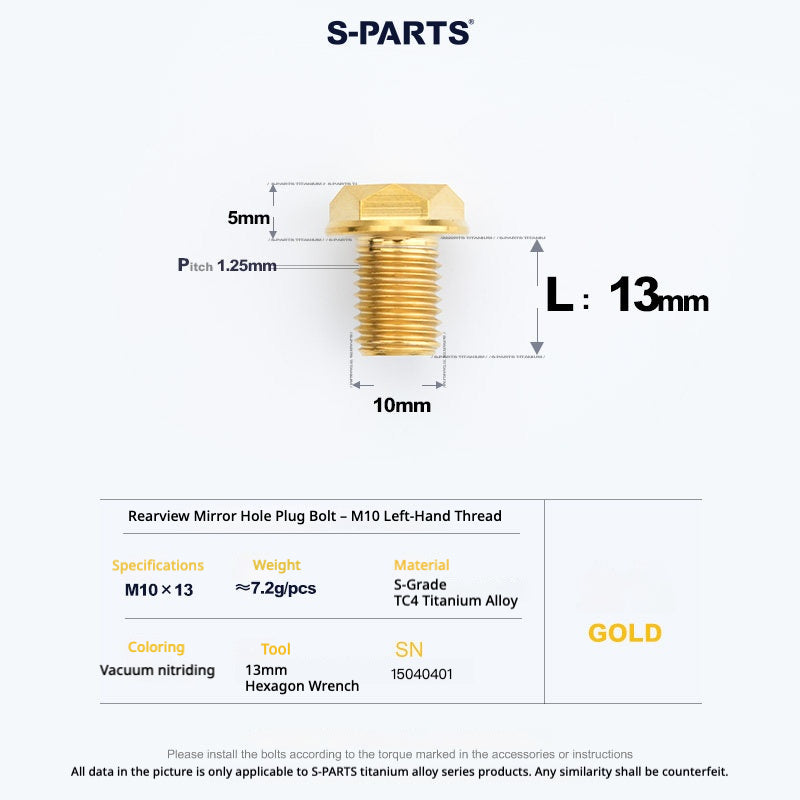 S-PARTS TC4 Titanium Mirror Plug Bolt M8 M10 RH/LH for Motorcycle