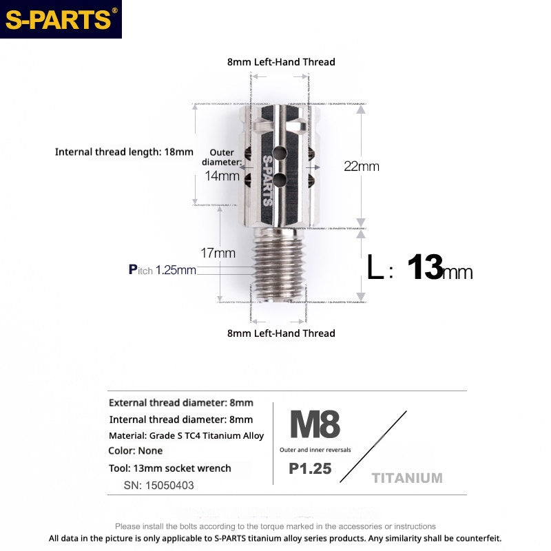 S-PARTS TC4 Titanium M8 to M8 Mirror Adapter Bolt | RH & LH Thread for Motorcycle / E-Bike