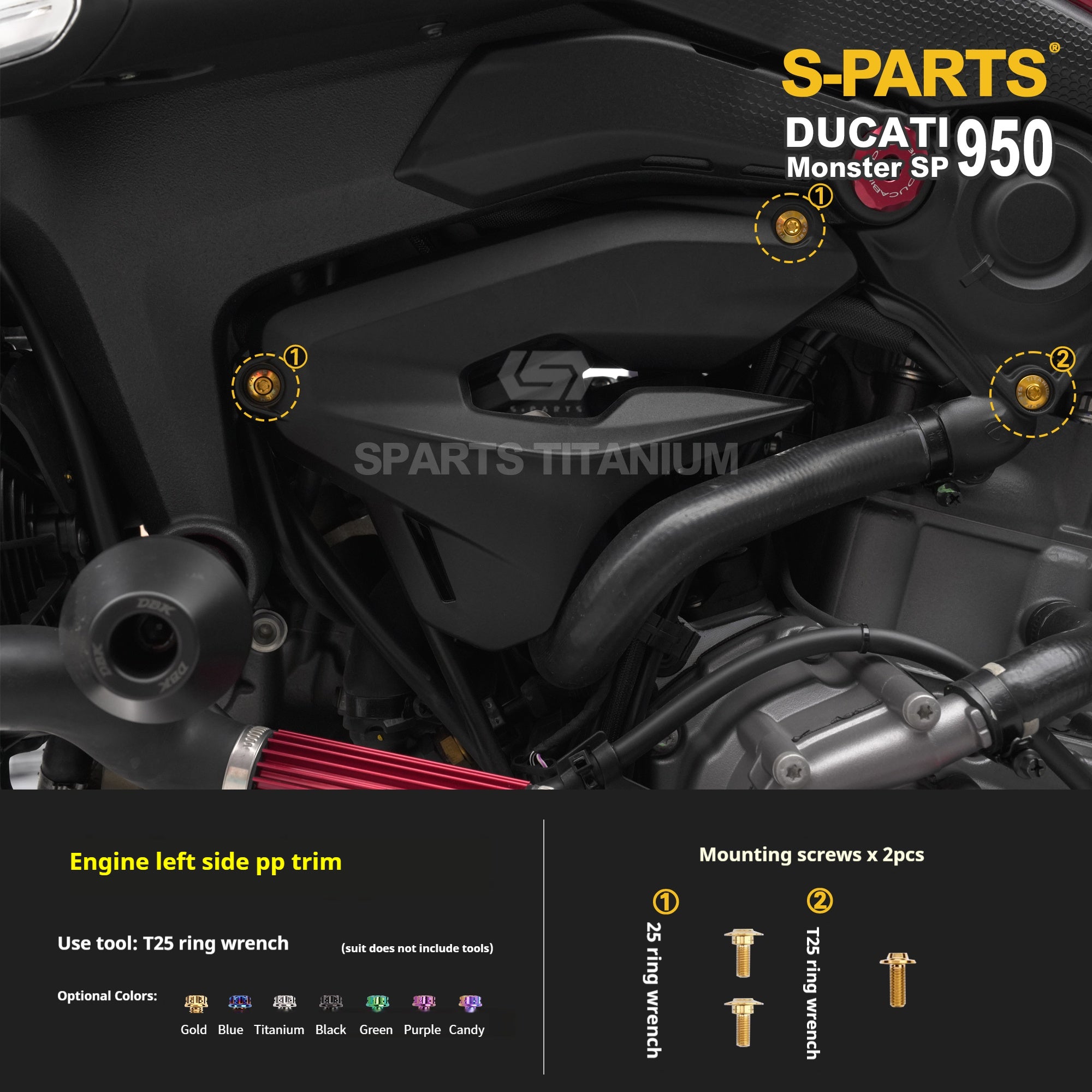 SPARTS Titanium Bolt Kit for Ducati New Monster SP 950 – Custom Candy Color & CNC Titanium Upgrade Kit