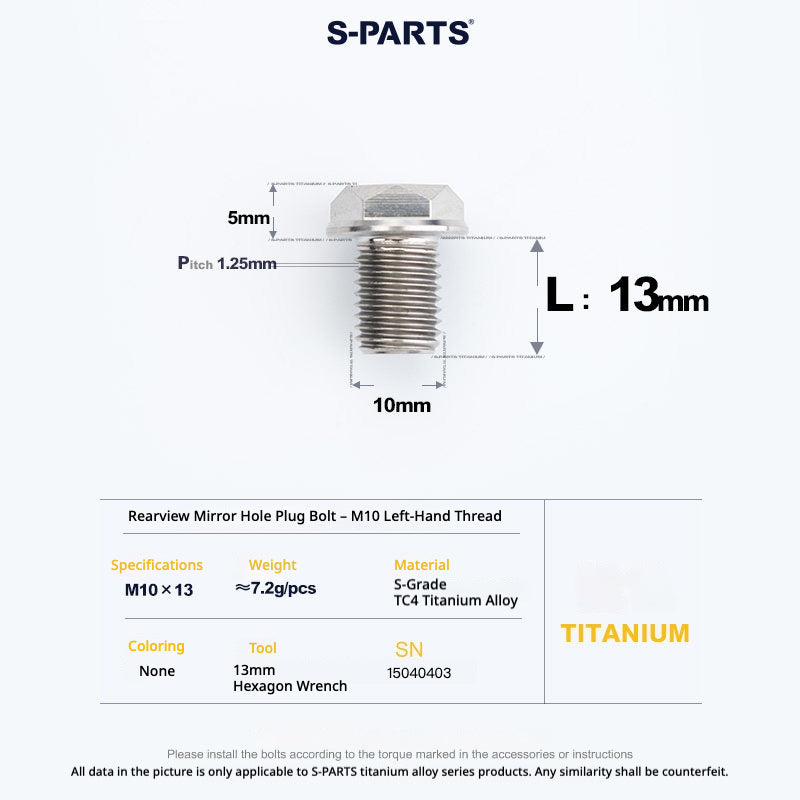 S-PARTS TC4 Titanium Mirror Plug Bolt M8 M10 RH/LH for Motorcycle