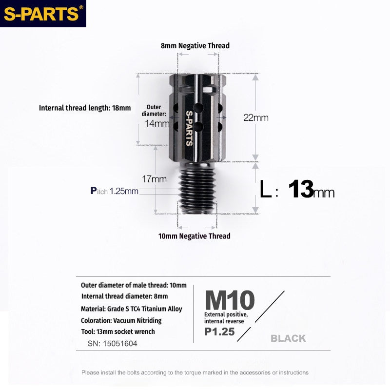 S-PARTS M10 to M10 Titanium Forward & Reverse Thread Motorcycle Mirror Adapter Bolt Upgrade
