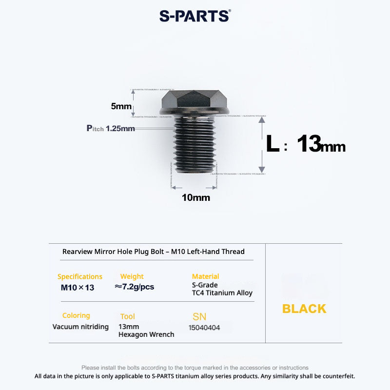 S-PARTS TC4 Titanium Mirror Plug Bolt M8 M10 RH/LH for Motorcycle