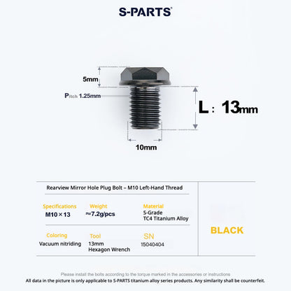 S-PARTS TC4 Titanium Mirror Plug Bolt M8 M10 RH/LH for Motorcycle