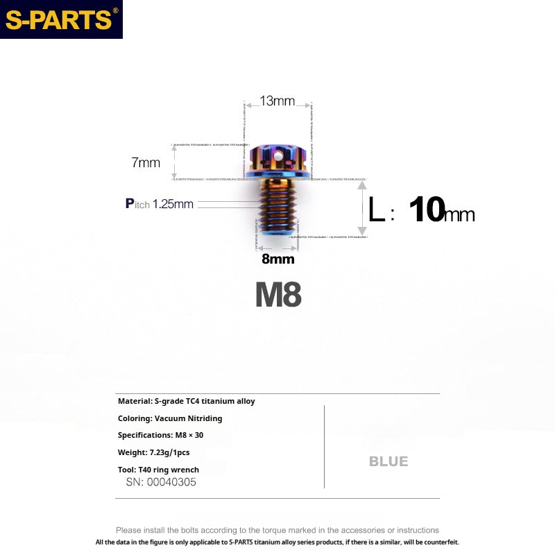 S-PARTS M8 Standard Head A3 Series Titanium Alloy Screws for Electric and Motorcycle Modification Locking