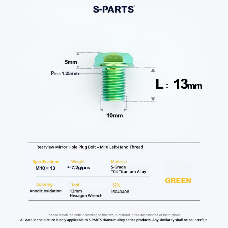 S-PARTS TC4 Titanium Mirror Plug Bolt M8 M10 RH/LH for Motorcycle