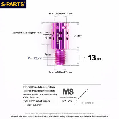 S-PARTS TC4 Titanium M8 to M8 Mirror Adapter Bolt | RH & LH Thread for Motorcycle / E-Bike