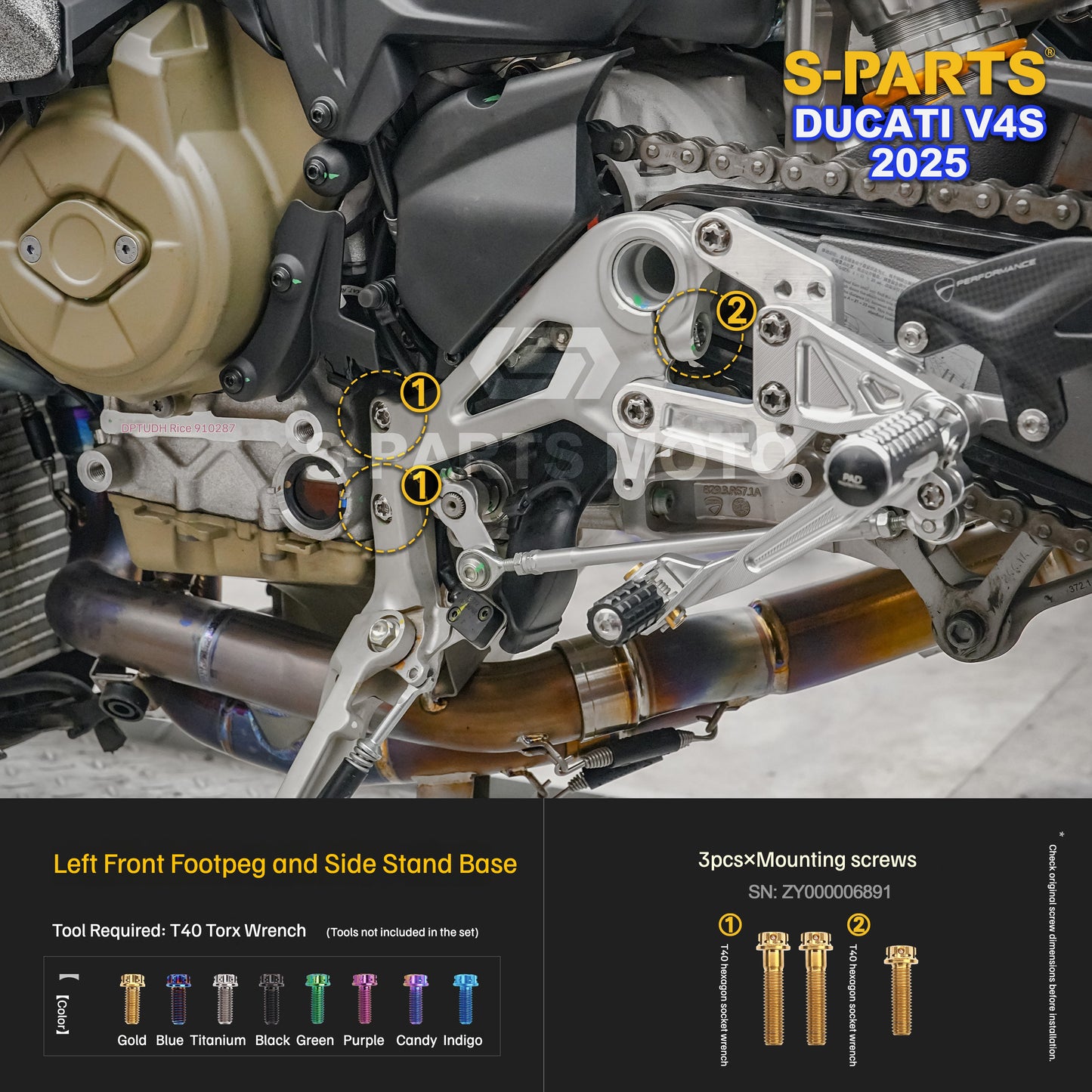 S-PARTS Titanium Engine and Rearset Fastener Kit for Ducati Panigale V4 S 2025