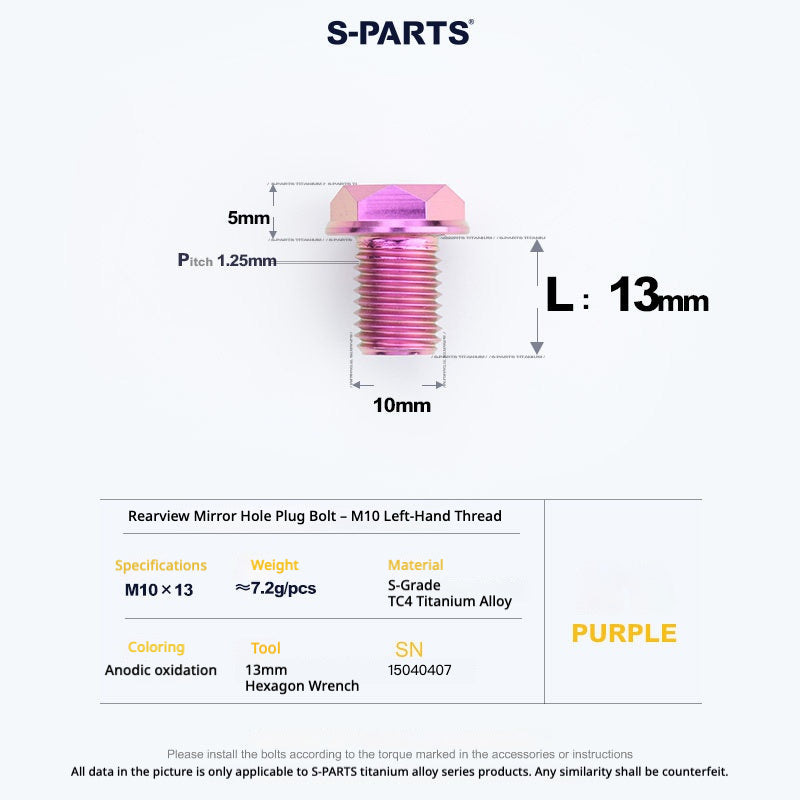 S-PARTS TC4 Titanium Mirror Plug Bolt M8 M10 RH/LH for Motorcycle