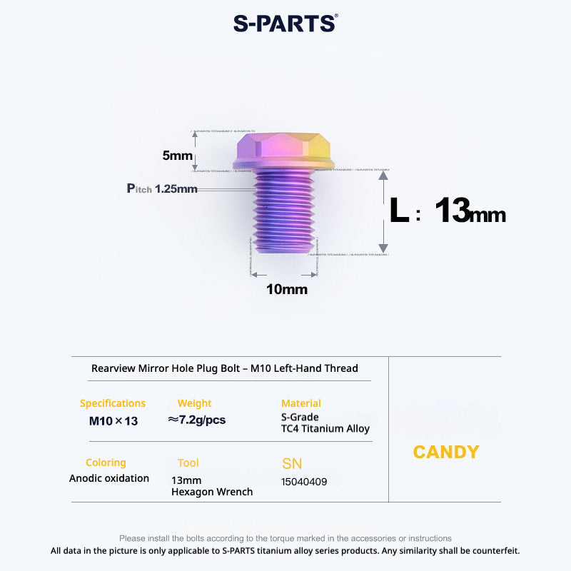 S-PARTS TC4 Titanium Mirror Plug Bolt M8 M10 RH/LH for Motorcycle