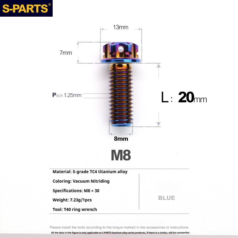 S-PARTS M8 Standard Head A3 Series Titanium Alloy Screws for Electric and Motorcycle Modification Locking