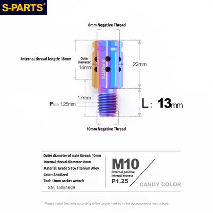 S-PARTS M10 to M10 Titanium Forward & Reverse Thread Motorcycle Mirror Adapter Bolt Upgrade