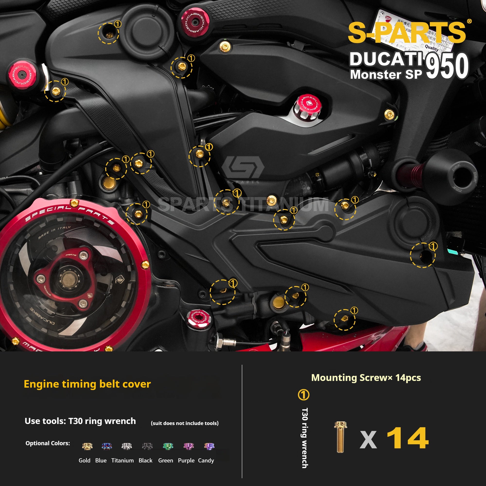 SPARTS Titanium Bolt Kit for Ducati New Monster SP 950 – Custom Candy Color & CNC Titanium Upgrade Kit