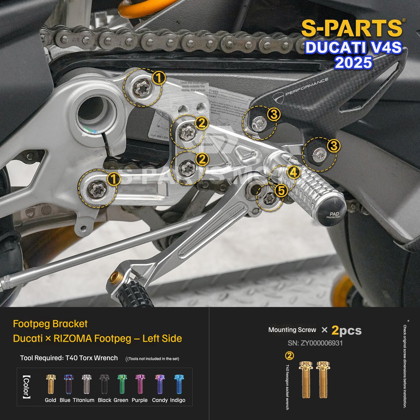 S-PARTS Titanium Engine and Rearset Fastener Kit for Ducati Panigale V4 S 2025