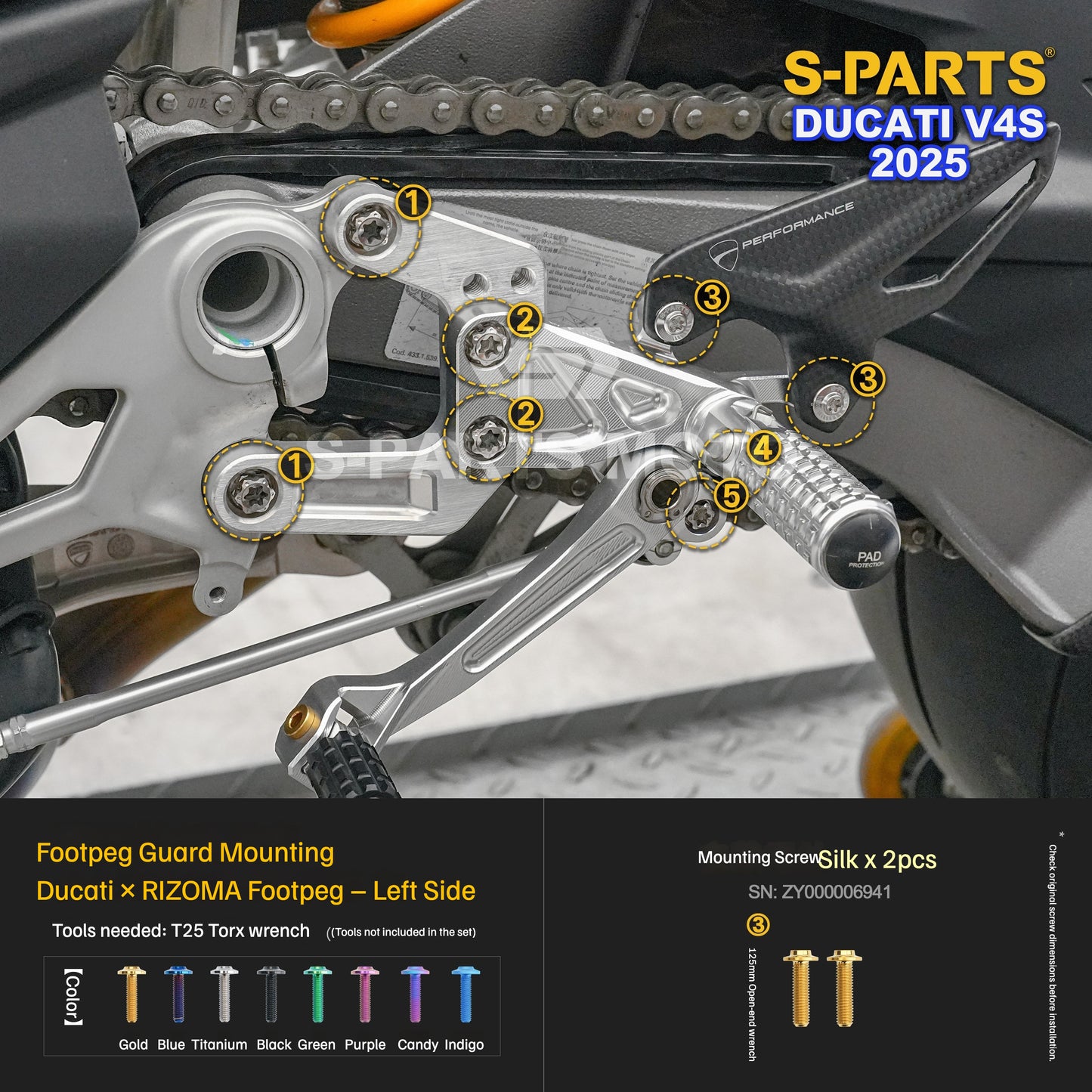 S-PARTS Titanium Engine and Rearset Fastener Kit for Ducati Panigale V4 S 2025