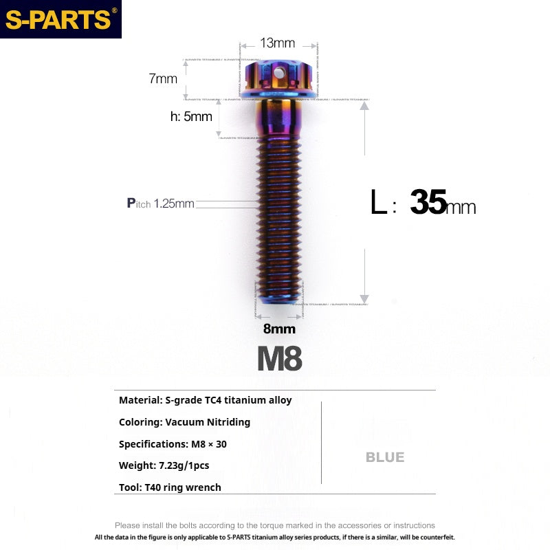 S-PARTS M8 Standard Head A3 Series Titanium Alloy Screws for Electric and Motorcycle Modification Locking