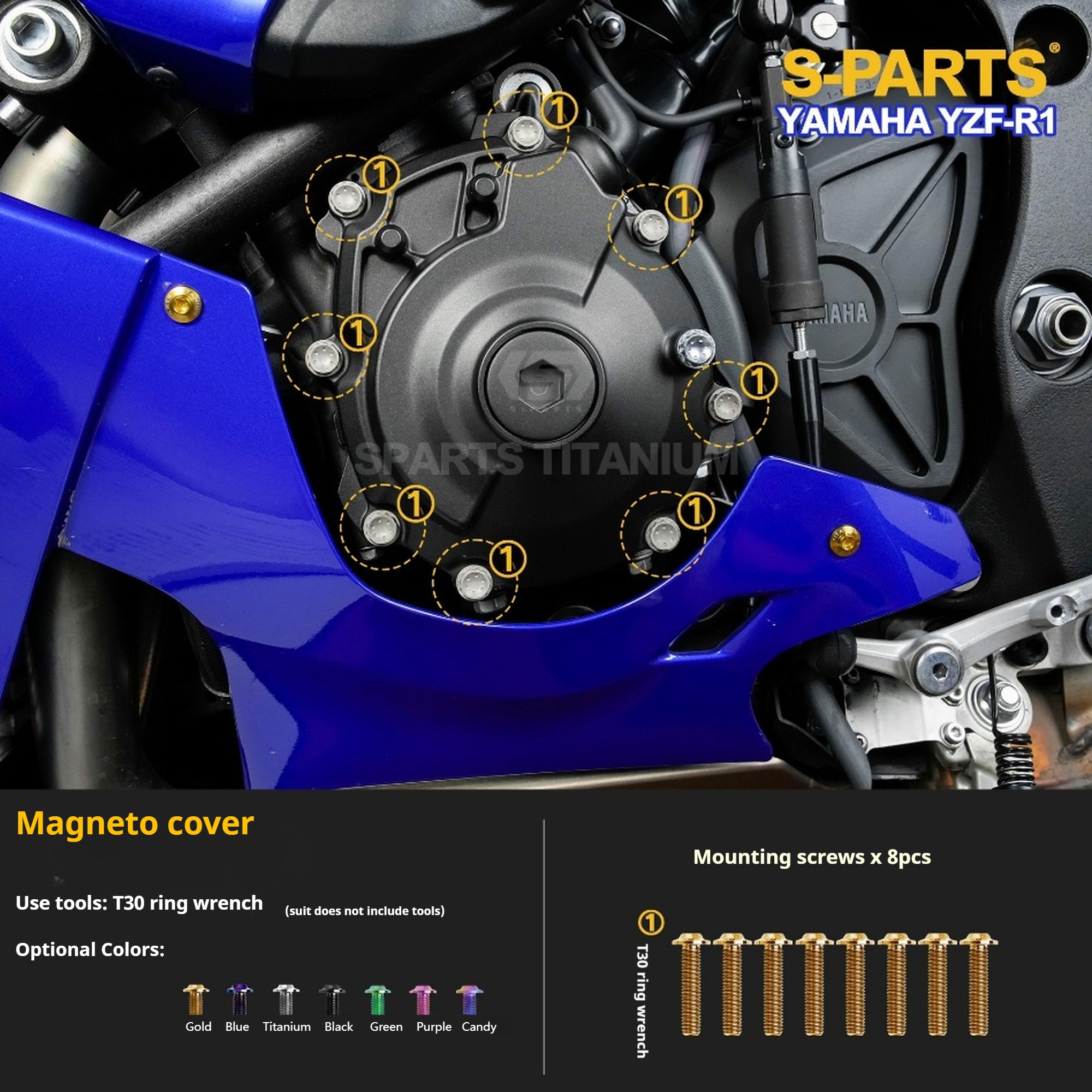 SPARTS Titanium Bolt Kit for Yamaha YZF-R1– Custom Candy Color & CNC Titanium Upgrade Kit- 1/2