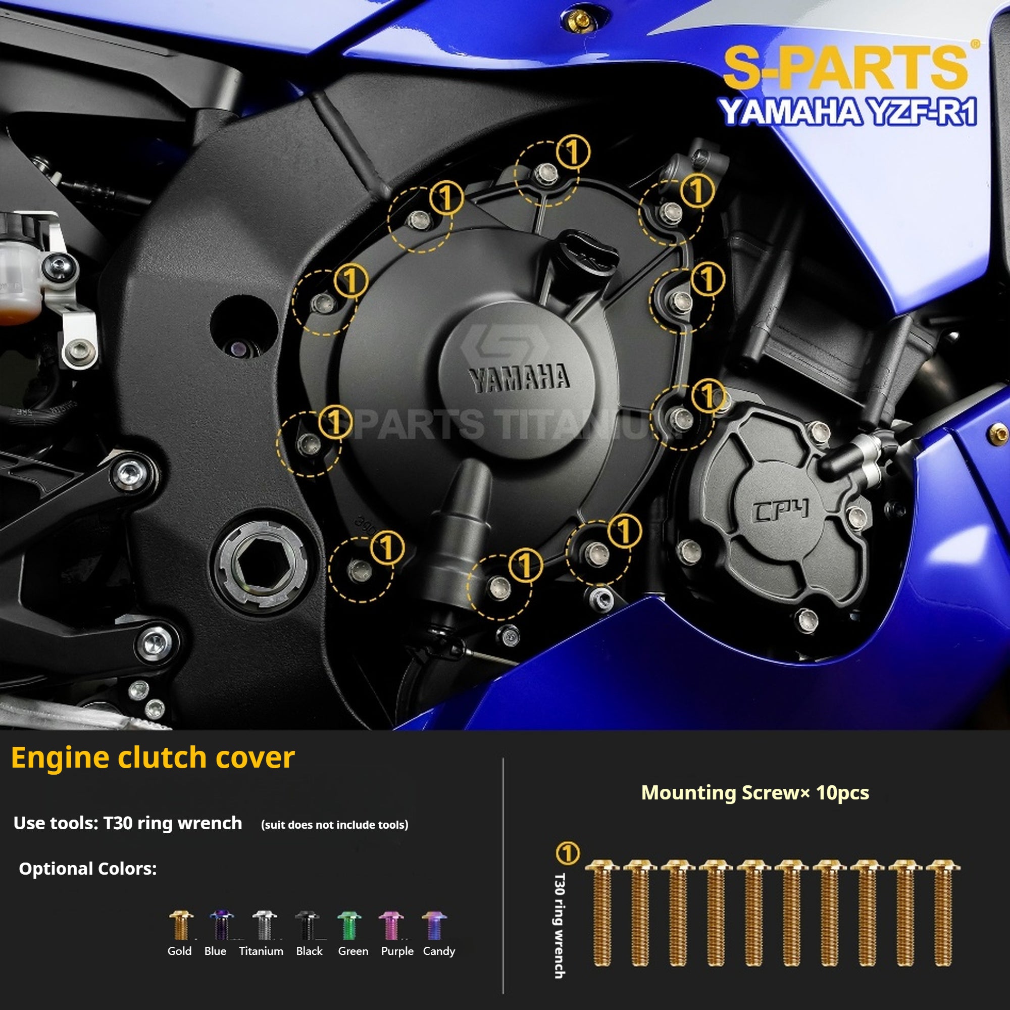 SPARTS Titanium Bolt Kit for Yamaha YZF-R1– Custom Candy Color & CNC Titanium Upgrade Kit- 1/2