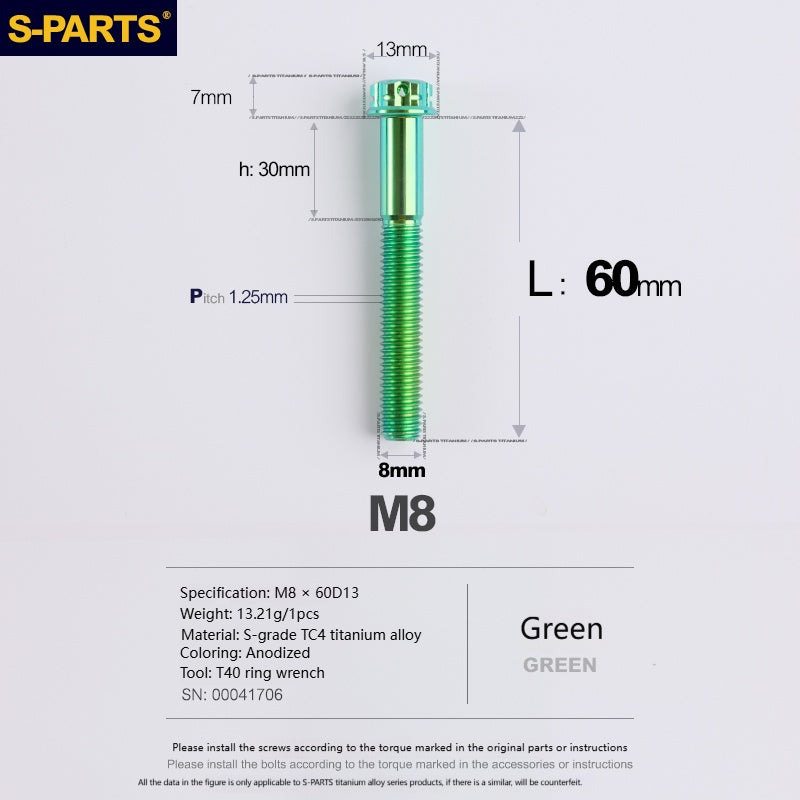 S‑PARTS A3 Series M8 Titanium Bolts｜Lightweight Ti‑6Al‑4V Fasteners for Motorcycles