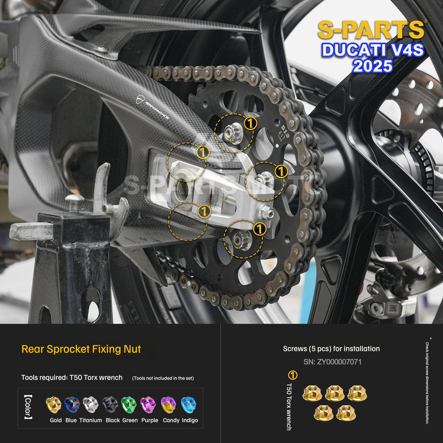 S-PARTS Titanium Brake/Wheel and Suspension Fastener Kit for Ducati Panigale V4S 2025