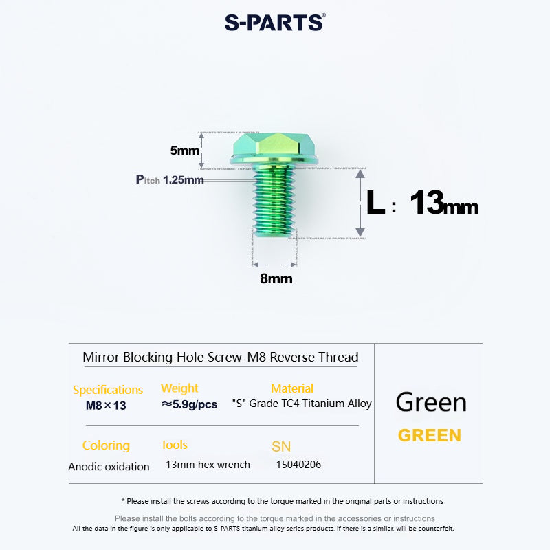 SPARTS Titanium Mirror Block-Off Bolts · M8/M10 Positive & Reverse Thread · Lightweight Motorcycle Plug Bolts