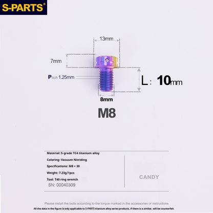 S-PARTS M8 Standard Head A3 Series Titanium Alloy Screws for Electric and Motorcycle Modification Locking Blue and candy color