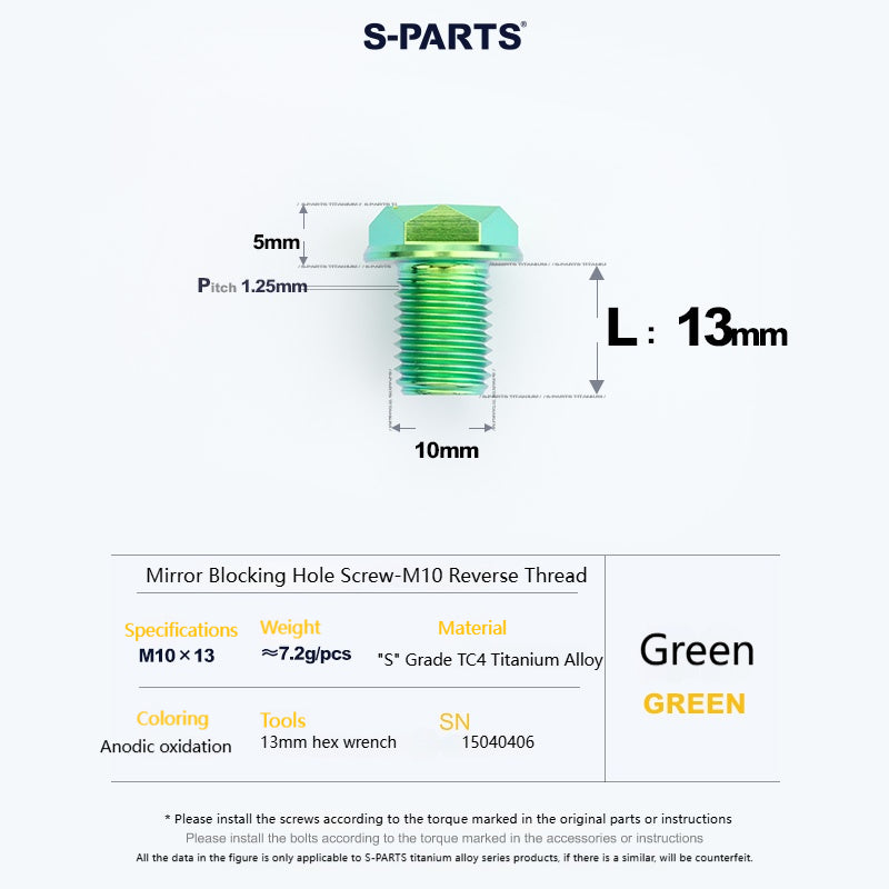 SPARTS Titanium Mirror Block-Off Bolts · M8/M10 Positive & Reverse Thread · Lightweight Motorcycle Plug Bolts