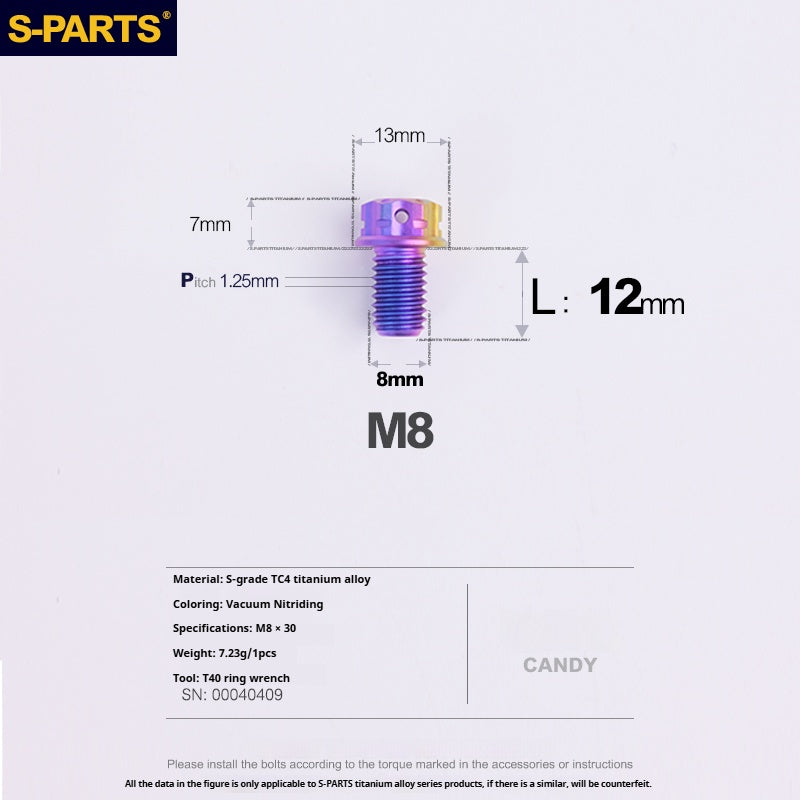 S-PARTS M8 Standard Head A3 Series Titanium Alloy Screws for Electric and Motorcycle Modification Locking
