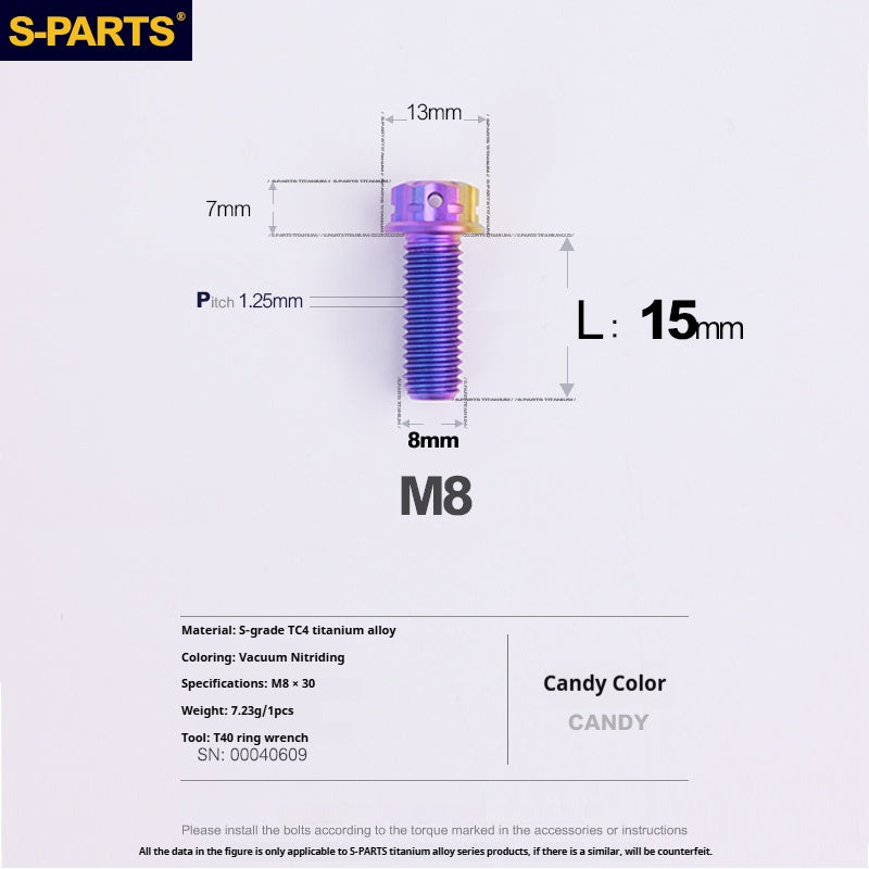 S-PARTS M8 Standard Head A3 Series Titanium Alloy Screws for Electric and Motorcycle Modification Locking