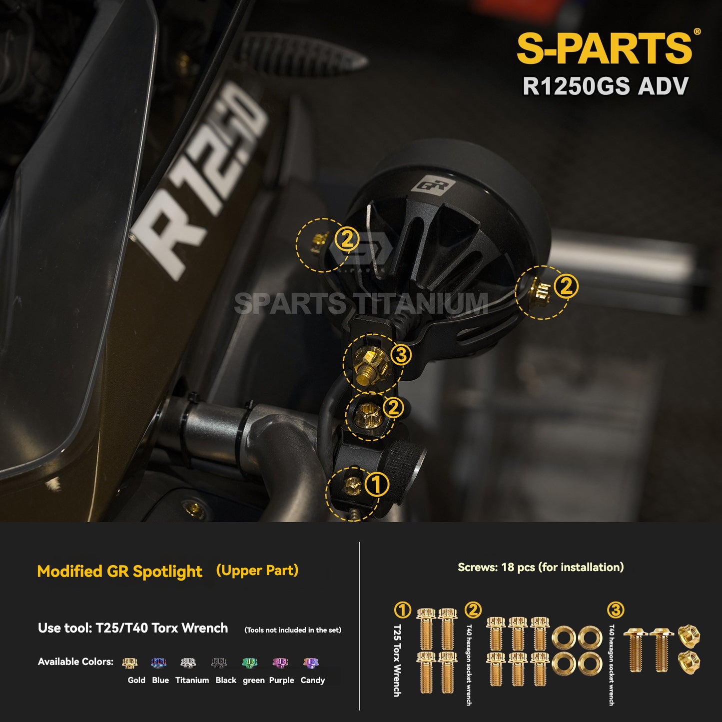 SPARTS Titanium Fairing, Spotlight & Accessory Bolt Kit for BMW R1250GS / ADV