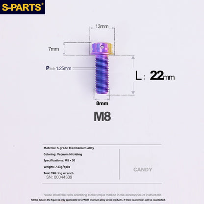 S-PARTS M8 Standard Head A3 Series Titanium Alloy Screws for Electric and Motorcycle Modification Locking Blue and candy color