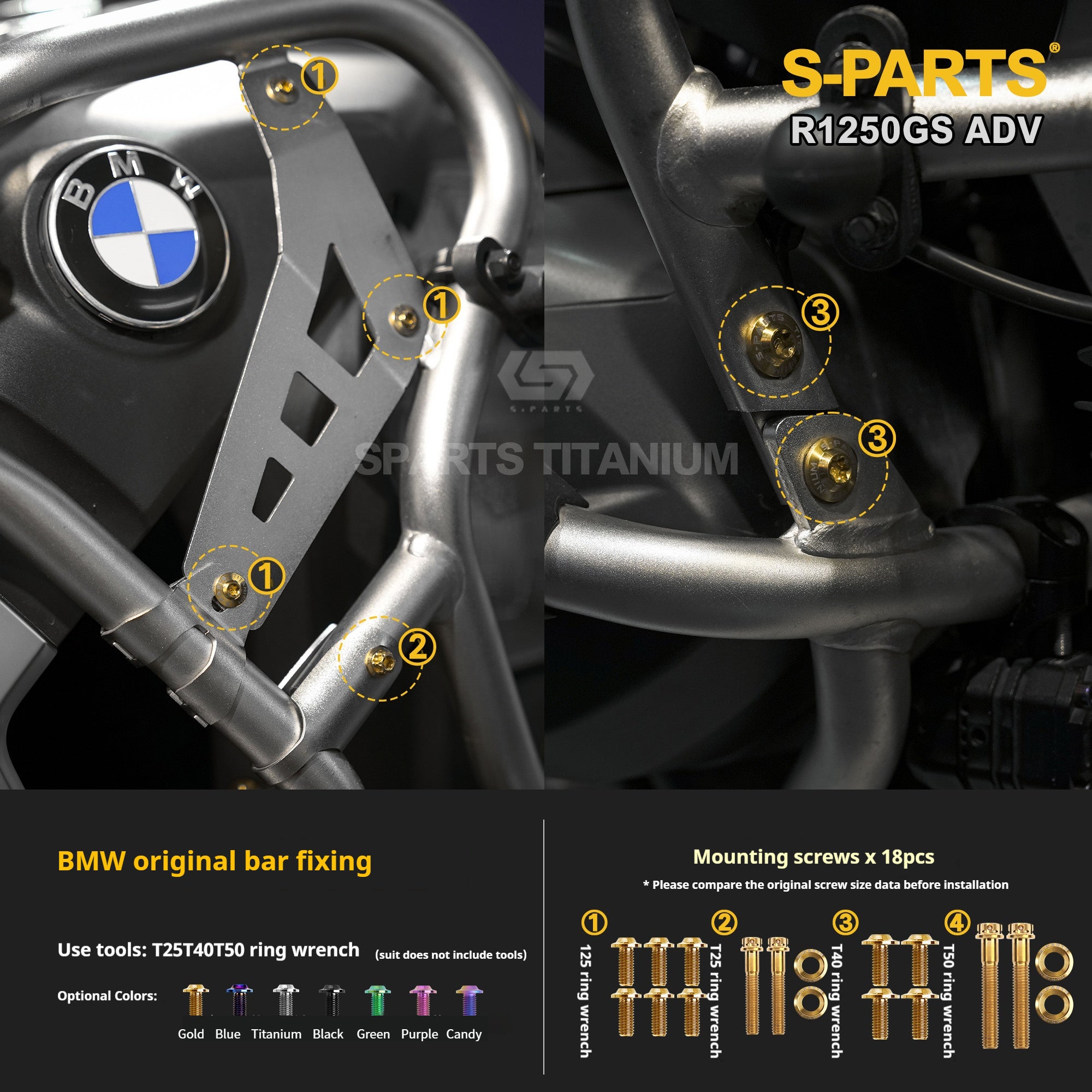 SPARTS Titanium Bolt Kit for BMW R 1250GS ADV – Custom Candy Color & CNC Titanium Upgrade Kit