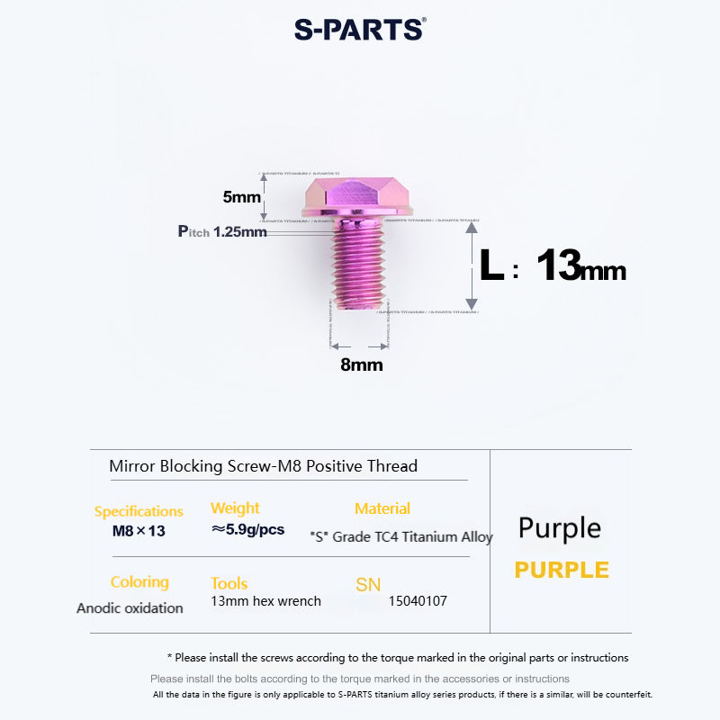 SPARTS Titanium Mirror Block-Off Bolts · M8/M10 Positive & Reverse Thread · Lightweight Motorcycle Plug Bolts