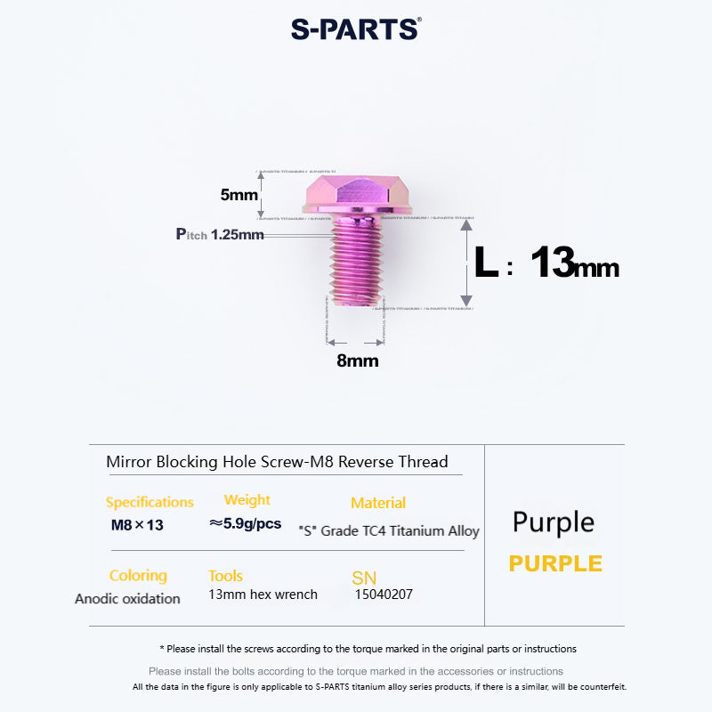 SPARTS Titanium Mirror Block-Off Bolts · M8/M10 Positive & Reverse Thread · Lightweight Motorcycle Plug Bolts