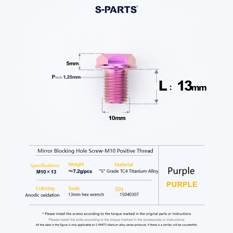 SPARTS Titanium Mirror Block-Off Bolts · M8/M10 Positive & Reverse Thread · Lightweight Motorcycle Plug Bolts