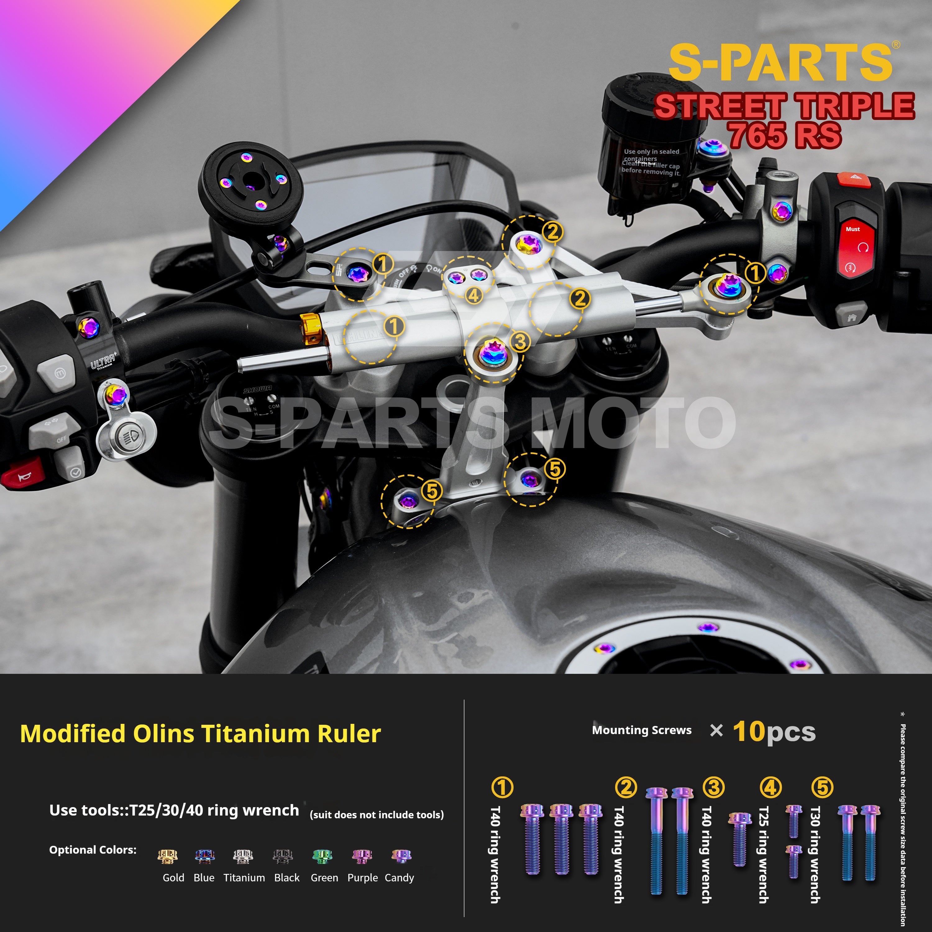 SPARTS Titanium Screw Set for Triumph Street Triple RS – Custom Candy Color & CNC Titanium Upgrade Kit