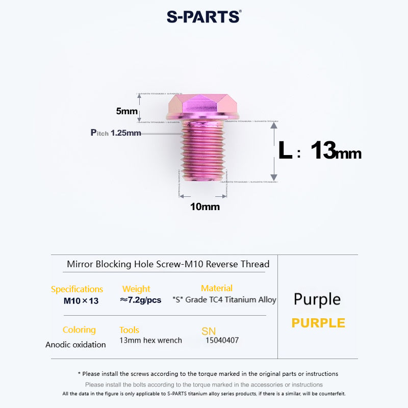 SPARTS Titanium Mirror Block-Off Bolts · M8/M10 Positive & Reverse Thread · Lightweight Motorcycle Plug Bolts