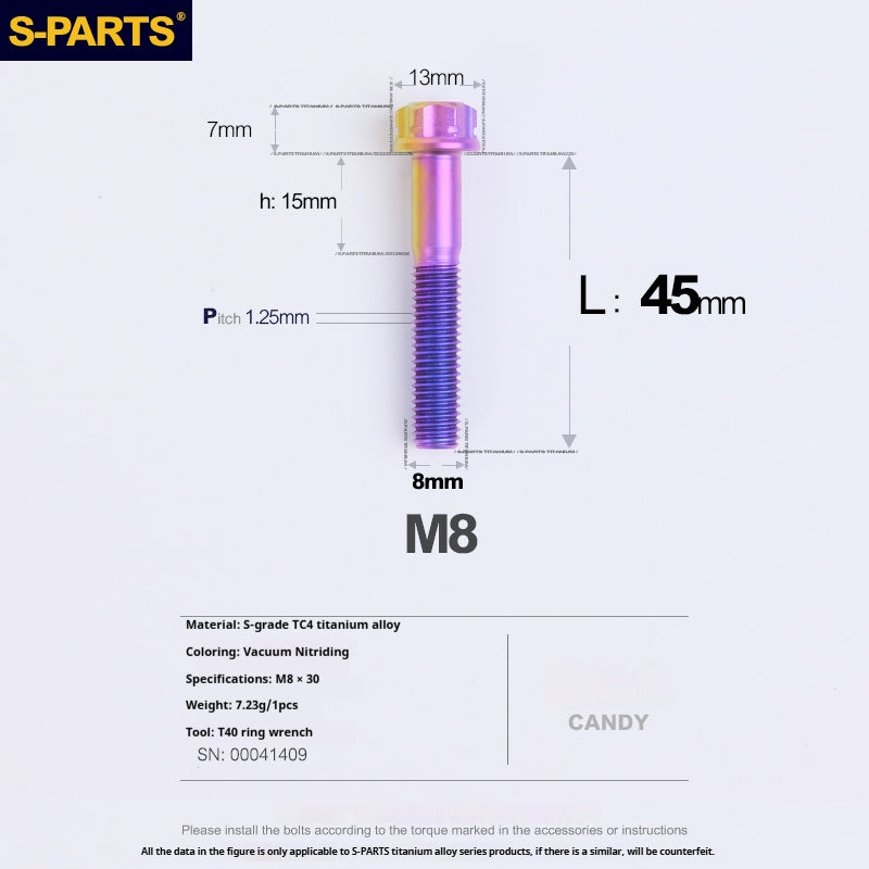 S-PARTS M8 Standard Head A3 Series Titanium Alloy Screws for Electric and Motorcycle Modification Locking Blue and candy color
