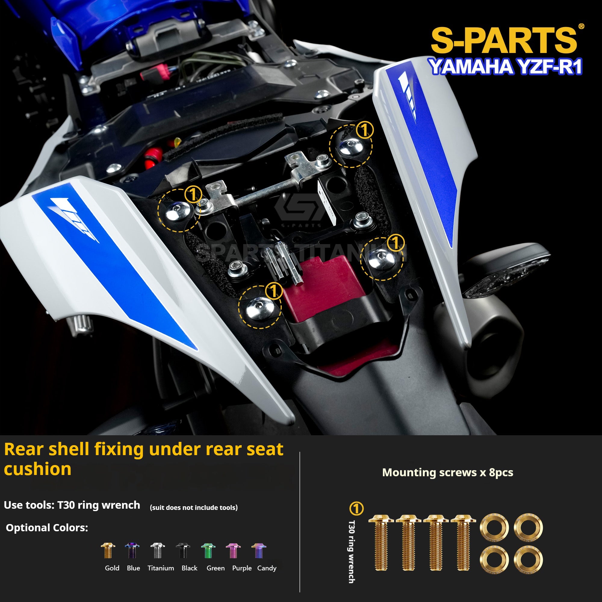 SPARTS Titanium Bolt Kit for Yamaha YZF-R1– Custom Candy Color & CNC Titanium Upgrade Kit- 2/2