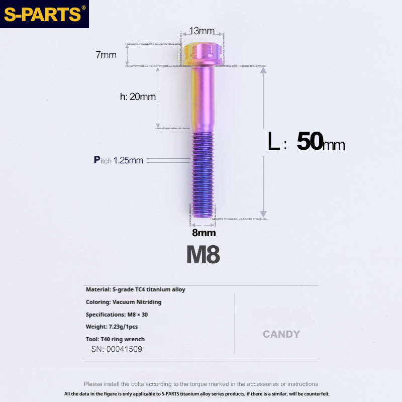 S-PARTS M8 Standard Head A3 Series Titanium Alloy Screws for Electric and Motorcycle Modification Locking